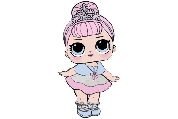 Pink-Haired Anime-Style Character with a Crown, Dressed in a Blue Dress and Pink Shoes