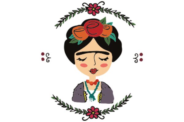 Stylized Portrait of a Woman with a Flower Crown and Floral Border