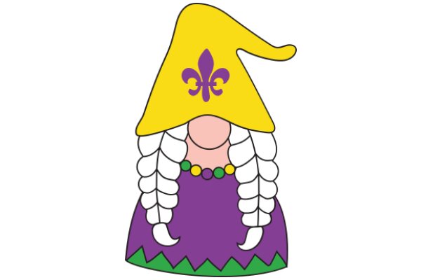 A Whimsical Character: A Yellow Hat with Purple Flower Design and a Purple Dress with Green Border