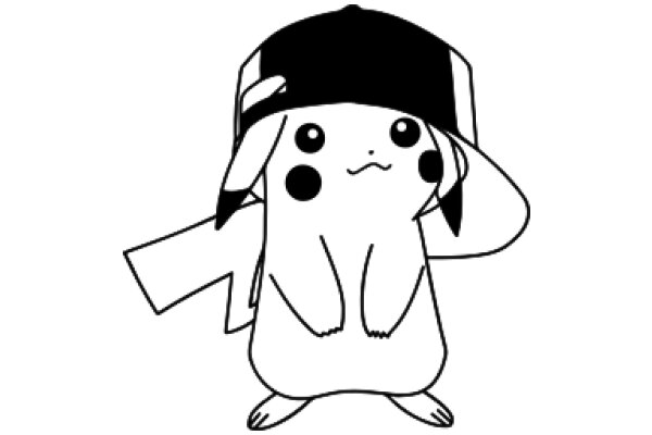 A Playful Pokémon Character: A Line Drawing of Pikachu with a Hat and a Stick