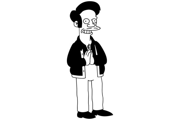 A Cartoon Character in a Black Jacket and White Pants, Standing with Hands Together and a Smirk on the Face.
