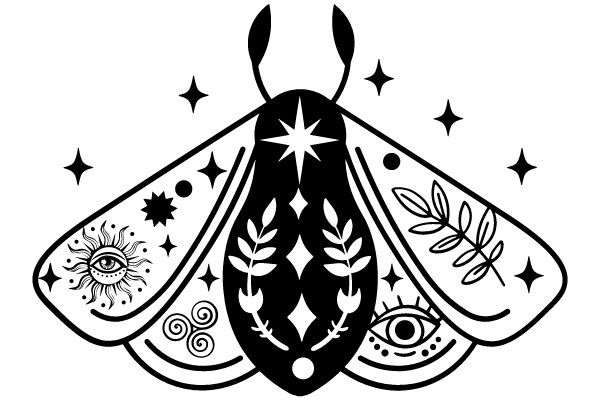 Stylized Butterfly with Surrounding Symbols and Stars