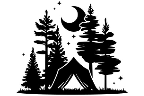 Silhouette of a Camping Scene with Trees and a Moon