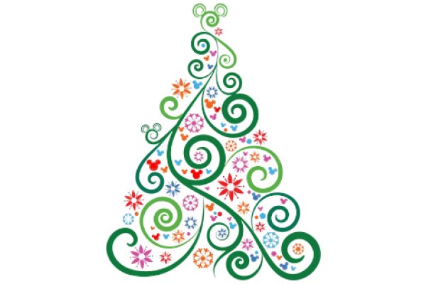 Vibrant Christmas Tree Decoration with Colorful Flowers and Mickey Mouse