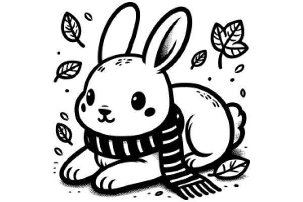 A Whimsical Scene of a Bunny with a Scarf and Leaves