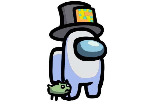 A Whimsical Scene: A Cartoon Character with a Top Hat and a Blue Nose, Accompanied by a Small Green Creature, Set Against a White Background.