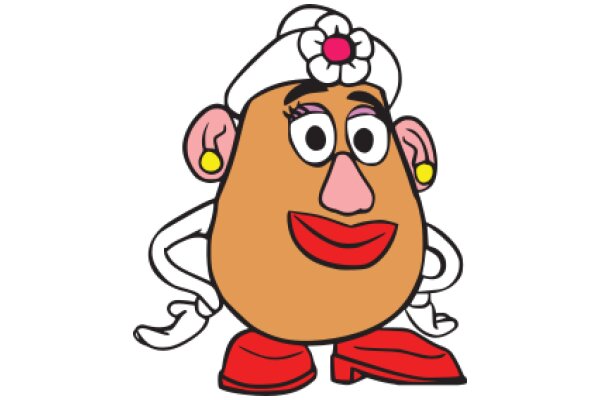 A Whimsical Character: A Cartoon Potato with a Flower on its Head and Red Shoes