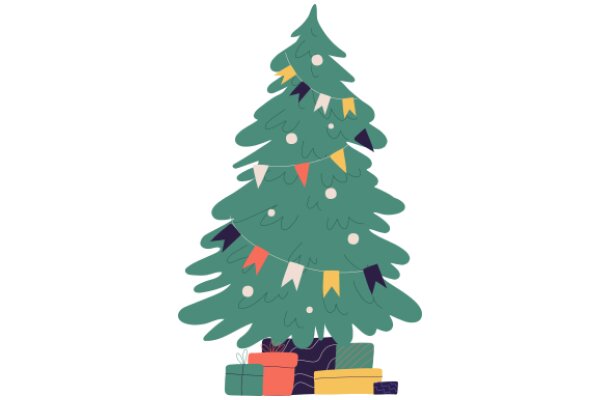 A Festive Christmas Tree Decorated with Gifts and Flags