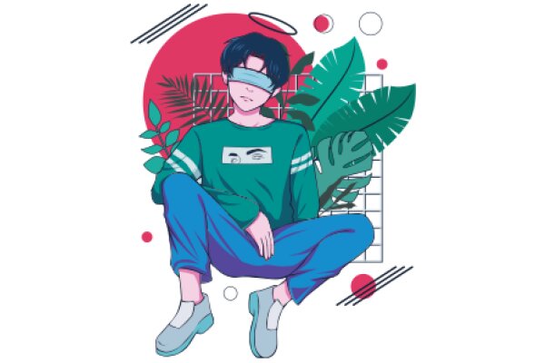 A Digital Artwork of a Person with a Blindfold, Surrounded by Nature Elements