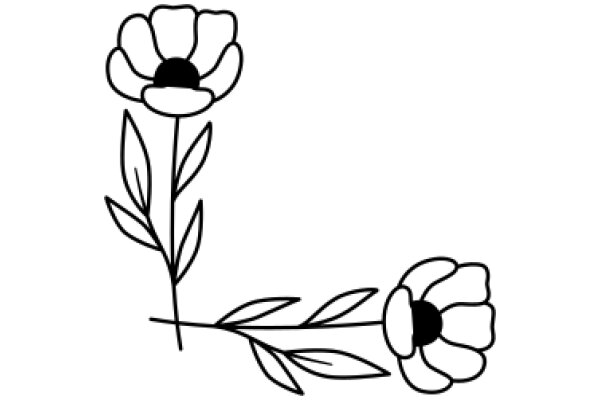 Simplistic Line Drawing of Two Flowers with Leaves