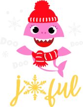Joyful Holiday Greeting: A Festive Cartoon Character with a Pink Hat and a Red Scarf, Surrounded by Snowflakes and the Word 'Joyful' in Yellow.