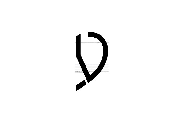 A minimalist black and white design featuring a stylized letter 'D'.