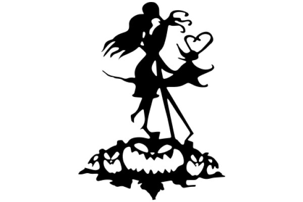 Silhouette of a Figure with a Heart and a Bat, Surrounded by Bats and a Pumpkin