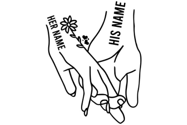 A Tender Moment: A Hand Holding a Flower, with the Words 'Her Name' and 'His Name' Inscribed on the Fingers