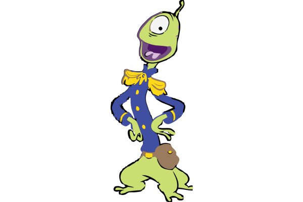 A Whimsical Cartoon Character: A Blue Alien with a Yellow Belt and a Purple Hat