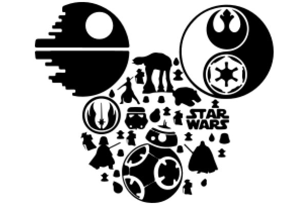 A Star Wars-themed collection of black and white icons and symbols, including the Death Star, TIE Interceptors, and various characters and vehicles, with the text 'Star Wars' prominently displayed.