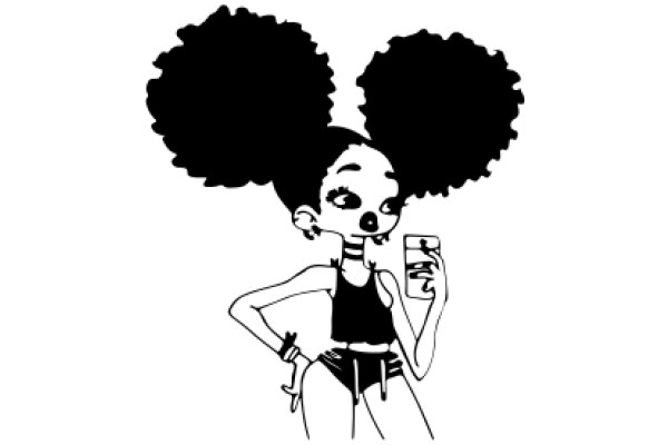 A Stylish Cartoon Character with Afro Hair and a Phone, Set Against a White Background.
