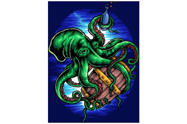 The Ocean's Whimsical Guardian: A Stylized Illustration of a Green Octopus with a Barrel and a Bottle