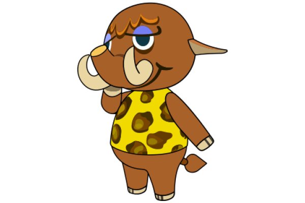 A Whimsical Cartoon of a Brown Rhino with a Yellow Shirt and Horns, Standing on a White Background.