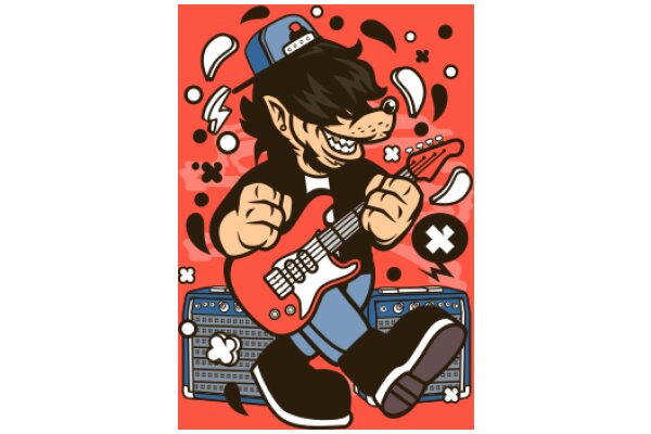 A Musical Adventure: A Cartoon Character with a Guitar and a Radio, Surrounded by Sound Effects