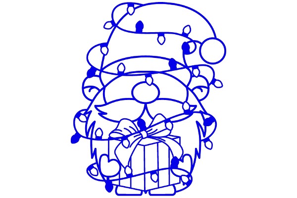 A Blue Line Drawing of a Christmas Tree with Gifts and Decorations
