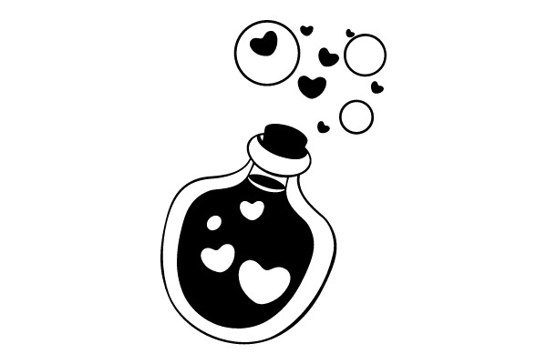A Whimsical Scene of a Heart-Shaped Bottle and Floating Hearts