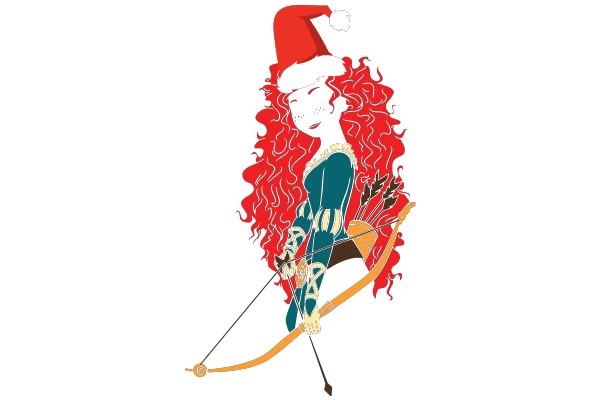 A Merry Christmas: A Stylized Illustration of a Woman with Red Hair, a Bow and Arrow, and a Santa Hat