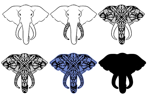 A Collection of Stylized Elephant Designs in , Blue and White, and Black