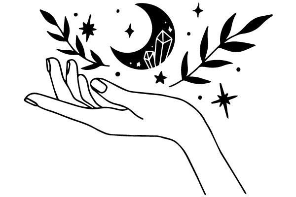 A Hand Reaching Out to the Night Sky, Adorned with Stars and a Crescent Moon