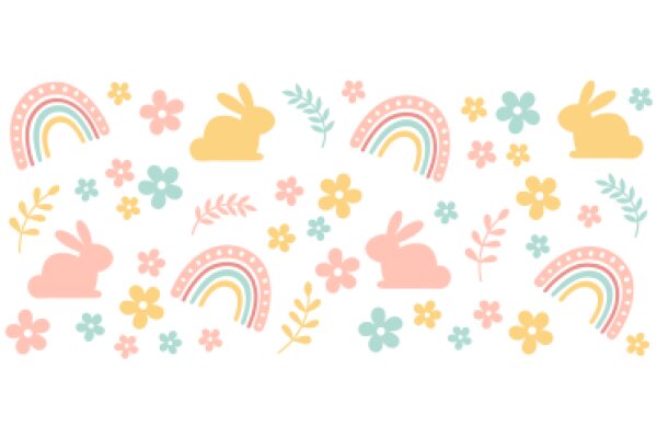 Whimsical Floral Pattern with Colorful Flowers and Bunny Silhouettes