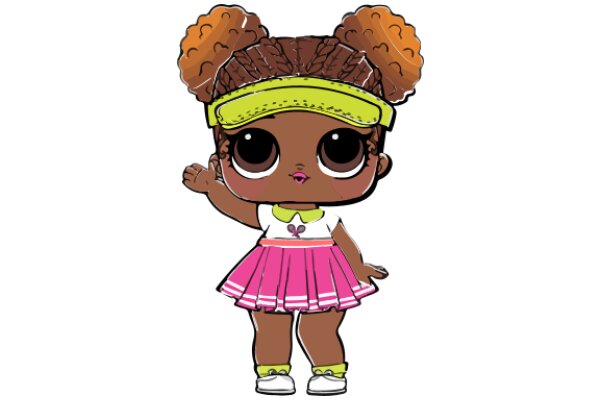 Cute Cartoon Character: A Stylish Brown-Haired Girl in a Pink Dress and Yellow Headband