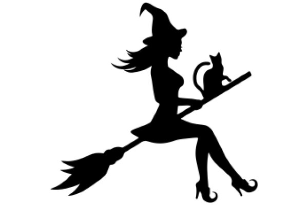 Silhouette of a Witch on a Broomstick with a Cat
