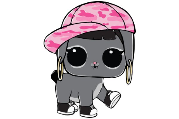 Stylish Gray Cartoon Character with Pink Hat and Gold Earrings