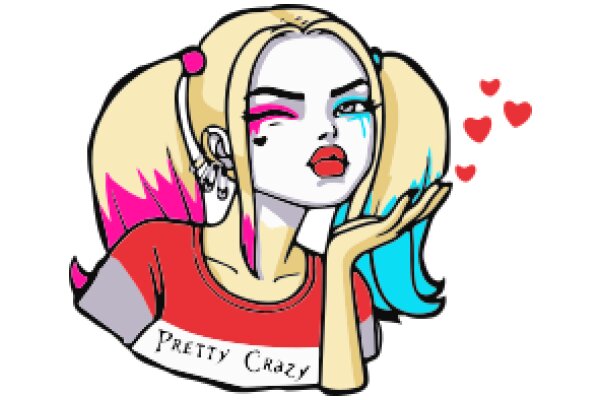Pretty Crazy: A Stylized Illustration of a Character with a Red Shirt and Pink Hair, Surrounded by Red Hearts.
