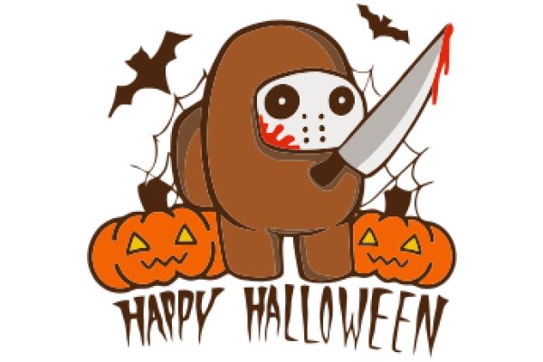 Happy Halloween: A Playful Illustration of a Monster Holding a Knife and Surrounded by Halloween Decorations