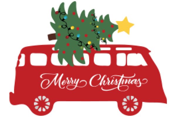 Merry Christmas: A Festive Illustration of a Red Bus with a Christmas Tree and Star on Top