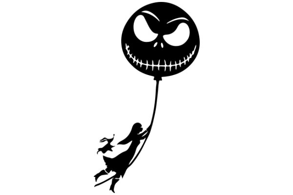 A Silhouette of a Girl and a Dog on a Balloon with a Scary Face