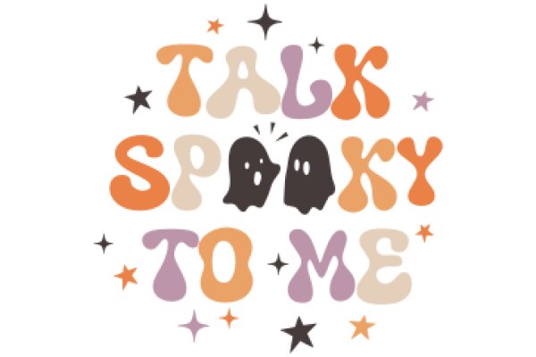 Whimsical Halloween-themed poster with the phrase 'Talk Spooky to Me' surrounded by playful, colorful illustrations.