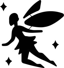 Silhouette of a Tinkerbell-like figure with a surfboard, set against a starry background.