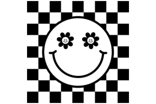 Smiling Emoji with Flower Eyes on Checkered Background