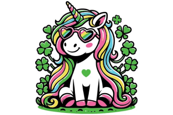 Stylish Unicorn with Rainbow Hair and Pink Sunglasses, Surrounded by Clovers and Shamrocks, Celebrating St. Patrick's Day