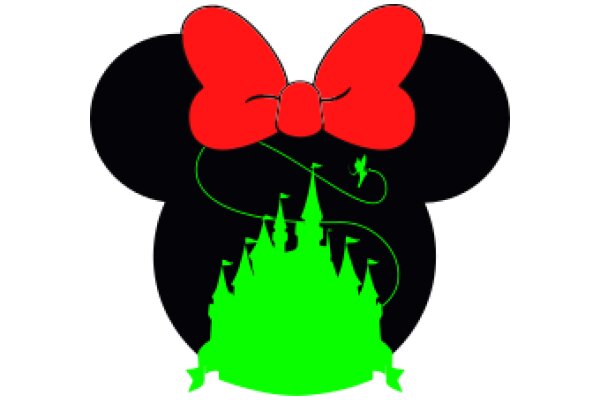 A Whimsical Illustration of a Disney Castle with a Red Bow and a Green Castle Silhouette