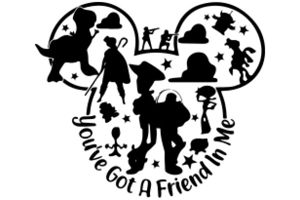 A Silhouette of a Heart-Shaped Mickey Mouse Ear, Surrounded by Various Characters and Symbols, with the Text 'You've Got a Friend in Me' Below