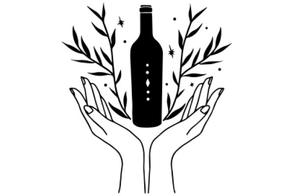 A Bottle of Wine Surrounded by Hands and Leaves, Symbolizing Celebration and Nature's Bounty