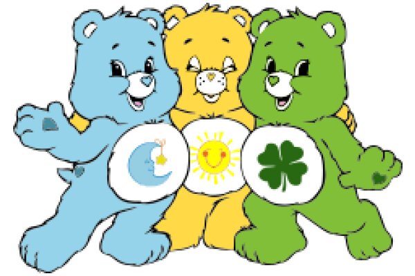 A Cute Cartoon of Three Stuffed Animals: A Blue Bear, A Yellow Bear, and A Green Bear, Each Holding a Clover and a Moon, Posing for a Picture.