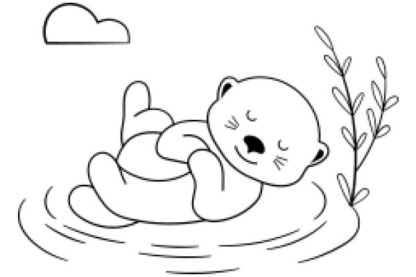 A Whimsical Scene of a Bear Cub in a Pond with a Cloud in the Sky