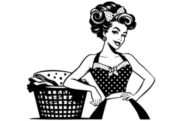 Stylish Vintage Illustration of a Woman with a Polka Dot Dress and a Basket of Laundry