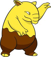 A Friendly Yellow Cartoon Character with a Brown Tail, Standing on Two Legs and Raising One Arm