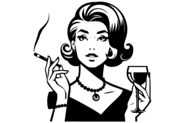 Stylish and Elegant: A Classic Illustration of a Woman with a Cigarette and a Wine Glass
