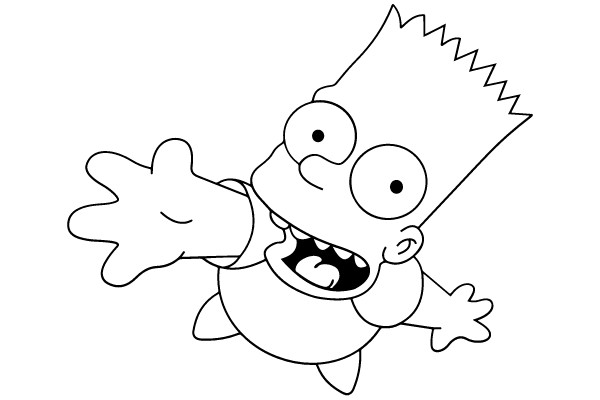 An animated character with spiky hair, wide eyes, and a big, toothy grin, depicted in a dynamic flying pose.